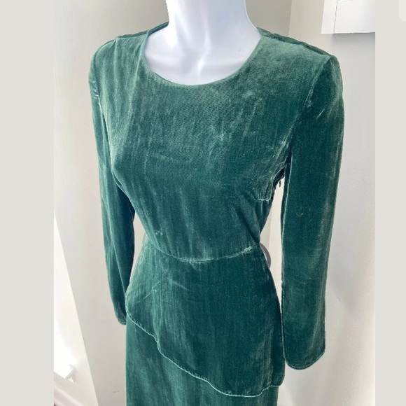 MAJE Green Velvet Velour Asymmetrical Peplum Dress - Picture 3 of 8